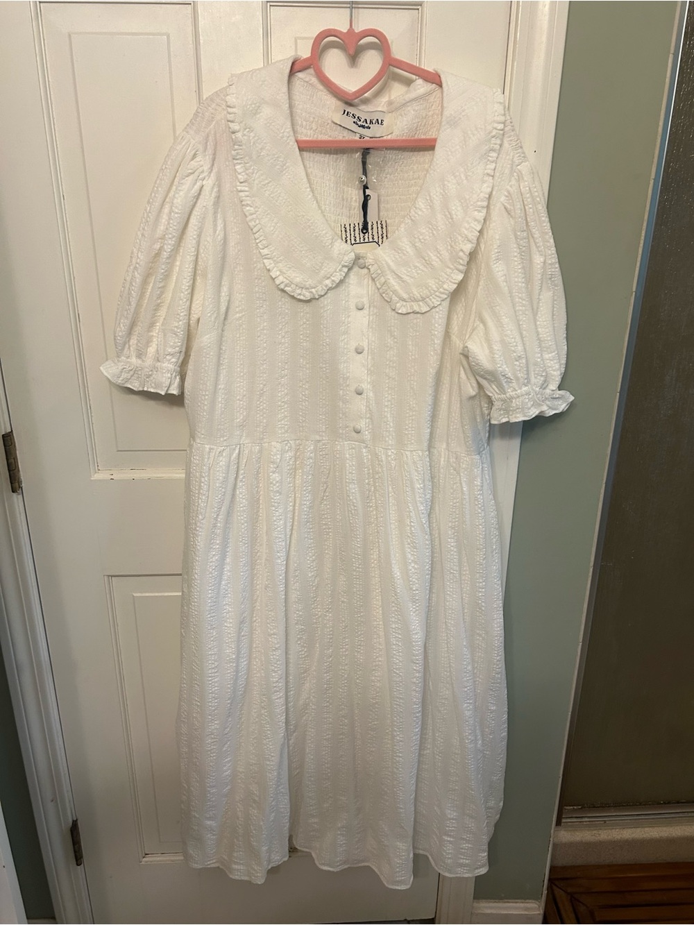 JessaKae Pyper White Textured Cotton Midi Dress with Peter Pan Collar